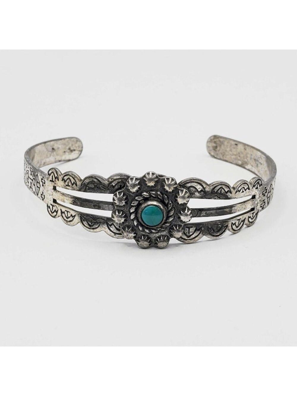 Fred Harvey Style Southwestern Turquoise Cabochon Cuff Bracelet Sterling Silver